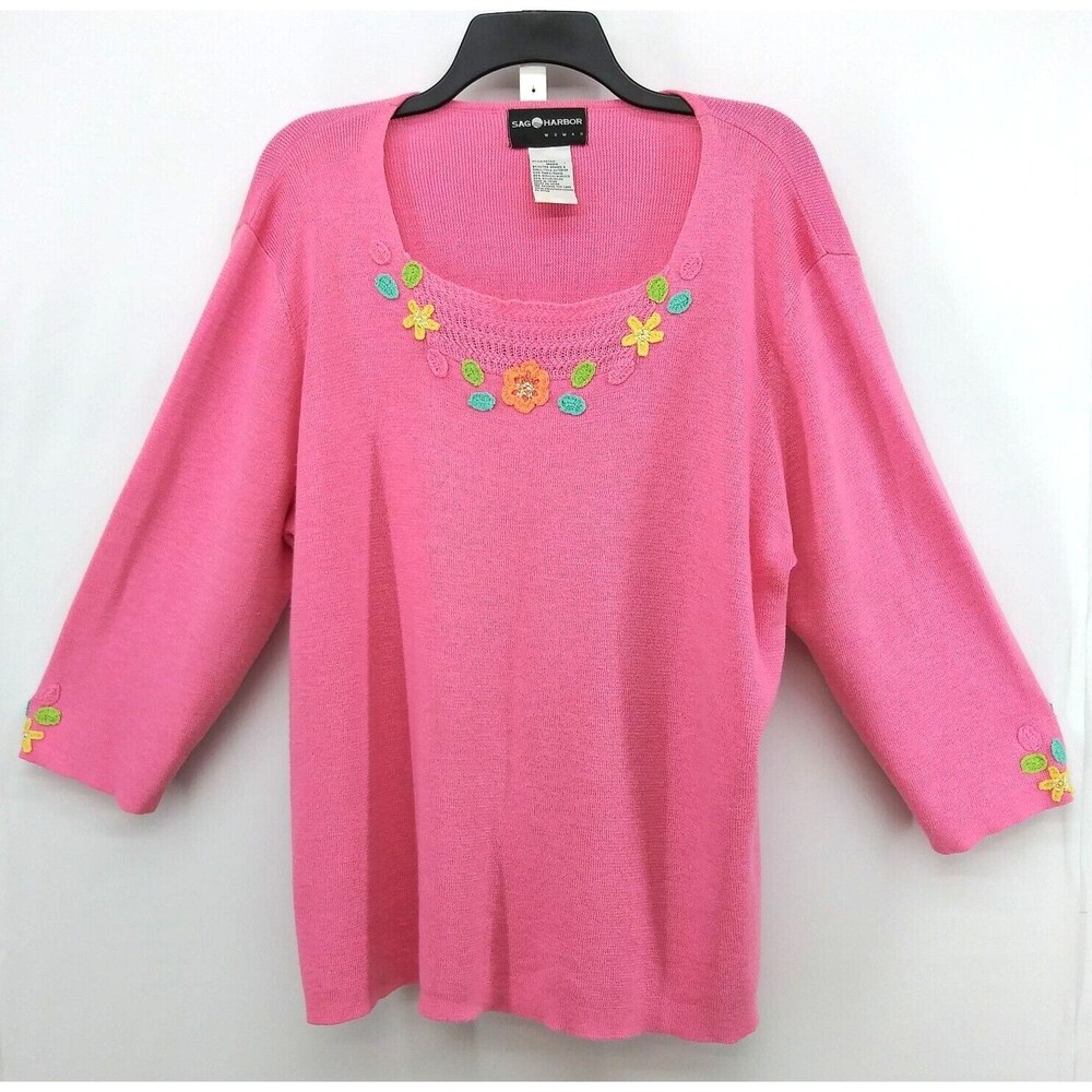 Sag Harbor Shirt Womens Size 2X Pink Floral Embroidery Pullover Knit Blouse Top